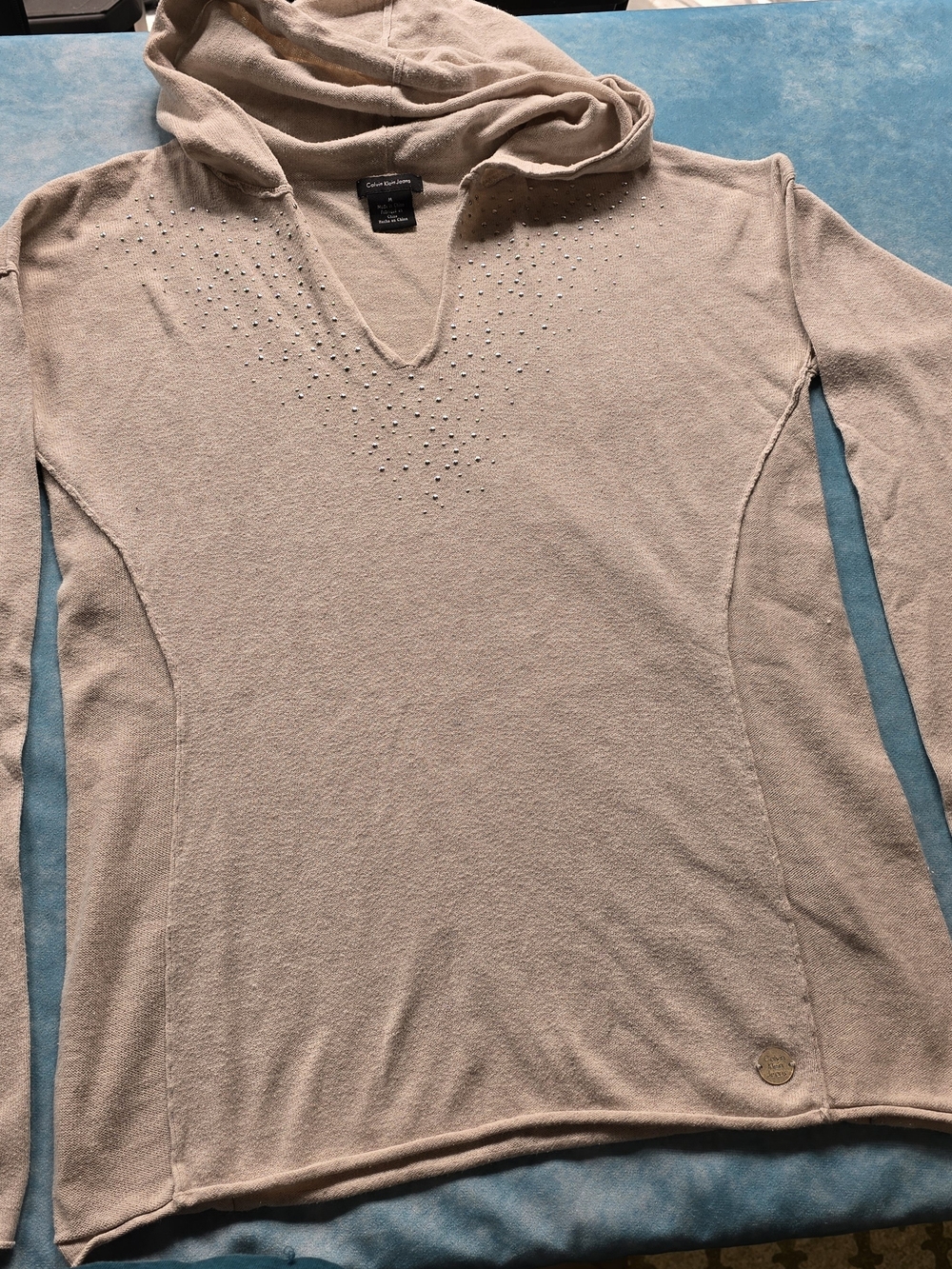 Calvin Klein Jeans Rhinestone Hooded V-Neck Sweater Top